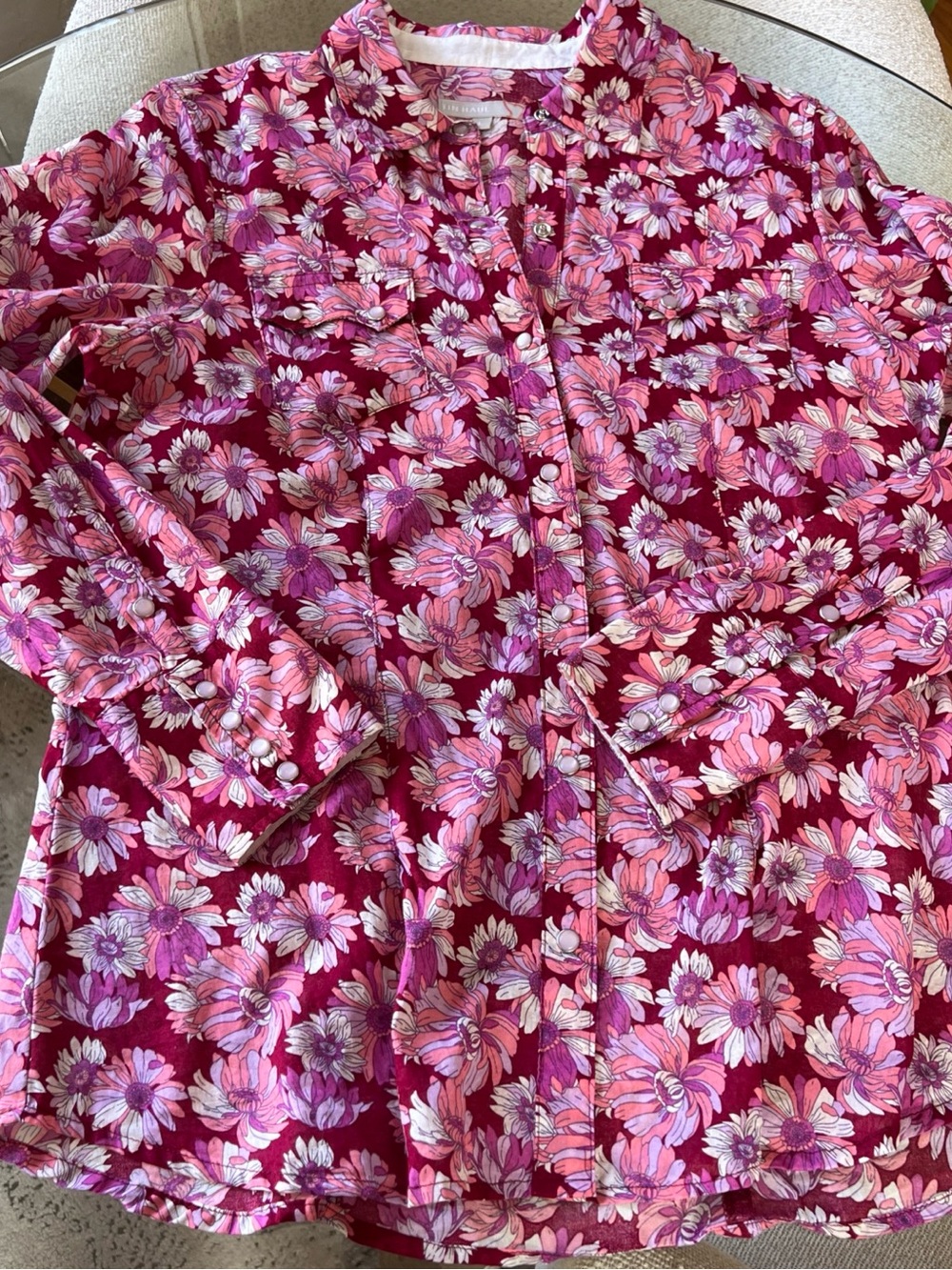 Tin Haul Western Floral Snap Shirt Pink Purple Cotton Womens Large